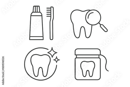 Dentistry and oral care line icon set. Dental hygiene concept. Toothpaste, toothbrush, dental floss, healthy tooth check up icons. Outline vector pictogram collection.