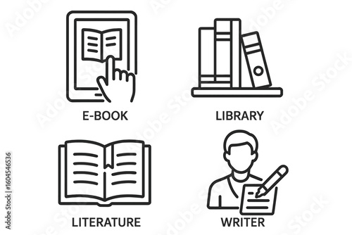 Book and reading linear icons set. E-book, digital library, literature, and writer outline pictograms. Education and knowledge symbols for web and infographics.