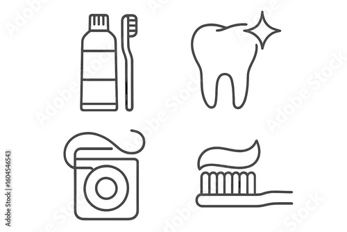 Dental care line icon set. Dentistry and oral hygiene concept. Toothbrush, toothpaste, dental floss, and healthy clean tooth. Outline vector pictogram collection.