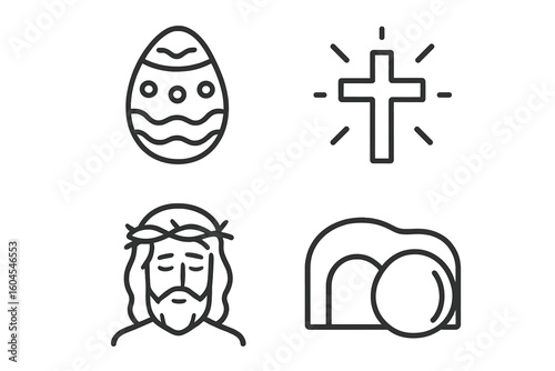 Easter line icon set. Christian religious holiday symbols. Jesus with crown of thorns, cross, resurrection empty tomb and egg. Vector outline graphic collection.