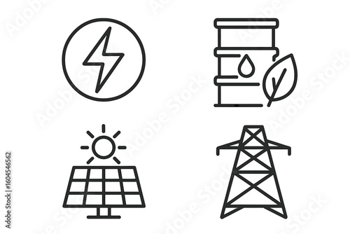 Energy line icon set. Power resources, electricity symbol, solar panel, biofuel barrel, and power line pylon. Renewable and fossil fuel concepts. Vector outline pictograms.