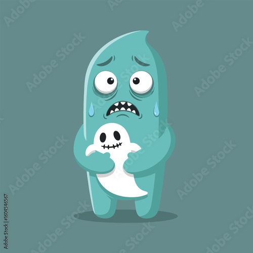 Cartoon Monster Hugging Ghost Crying Tears Feeling Scared and Afraid