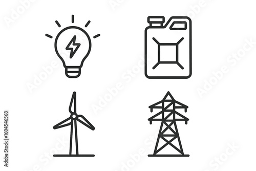 Energy and power line icon set. Electricity, renewable wind turbine, fuel canister, and power pylon symbols. Vector outline pictogram collection for infographic concepts.