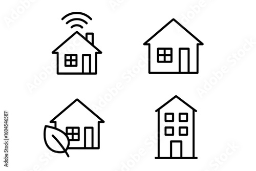 House line icon collection. Smart home, eco house, and apartment building symbols. Real estate property thin line pictogram set. For web, mobile, and infographic design.