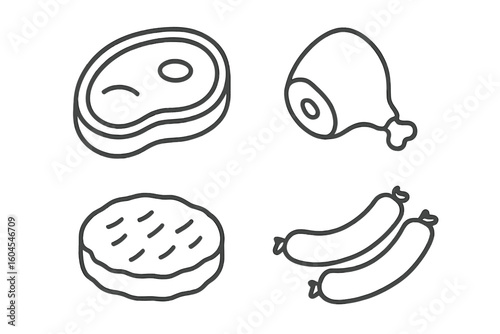Meat line icon set. Raw beef steak, poultry drumstick, hamburger patty, sausage. Butcher shop food. Uncooked protein product symbols. Linear vector pictogram collection.