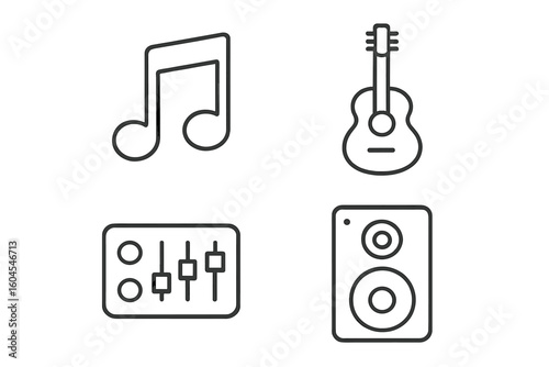 Music and audio line icon set. Acoustic guitar, musical note, sound mixer, and speaker symbols. Thin line outline pictogram collection for web, UI, UX, and infographics.