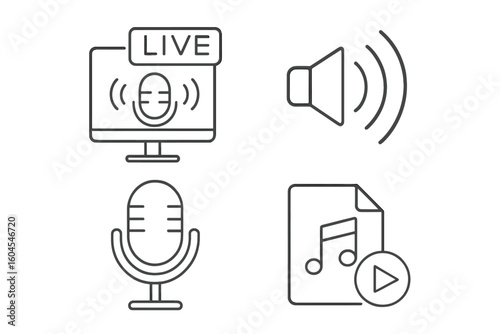 Podcast and broadcasting line icon set. Live streaming and sound recording linear symbols. Microphone, speaker volume, audio file pictogram collection for web and apps.