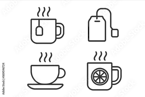 Tea and coffee line icon set. Hot drink and beverage outline pictogram collection. Vector symbols for cafe menu, mug with steam, teacup, teabag, and lemon infusion.