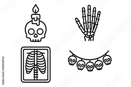 Skeleton icon collection. Outline vector set of skull decorations for Halloween. Includes skull with candle, skeletal hand, ribcage X-ray, and spooky skull garland.