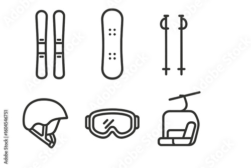 Ski and snowboard gear icon set. Winter sports equipment collection. Outline vector illustration of ski, snowboard, poles, helmet, goggles, and chair lift symbols.