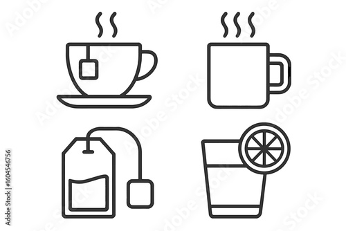 Tea and coffee line icon set. Hot drink and beverage outline pictogram collection. Vector teacup, mug, teabag, and lemon drink symbols for cafe menu or web design.