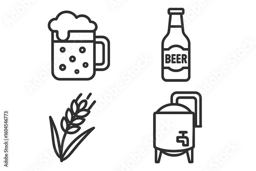 Beer and brewing line icon set. Craft beer, brewery, pub symbols. Vector icons of beer mug, bottle, wheat, and fermentation tank. Alcoholic drink outline pictogram.