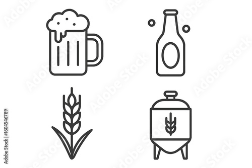 Craft beer brewing process outline icons. Set of 4 linear style vector graphics. Includes beer mug, bottle, wheat grain, and brewery fermentation tank symbols.