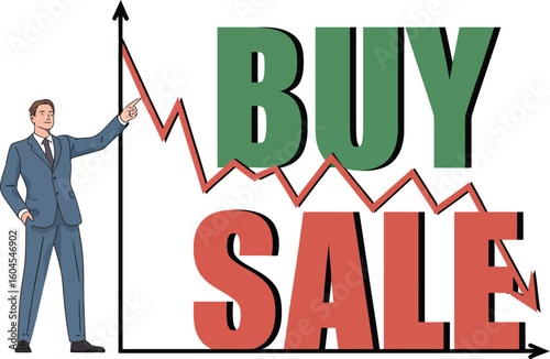 Man in suit pointing at graph with buy and sale words indicating stock market fluctuations trend