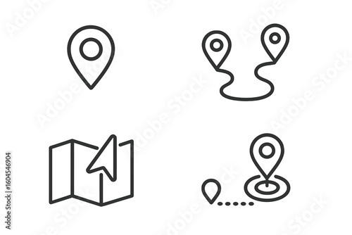 Set of 4 location and navigation line icons. GPS, map, path, and destination symbols. Route finding, address, and distance concepts. Vector outline icon collection.