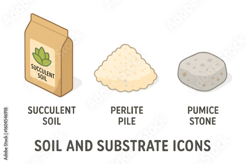 Soil and substrate isometric icon set. Gardening components vector illustration. Succulent soil bag, perlite pile, and pumice stone for potting mix and drainage.