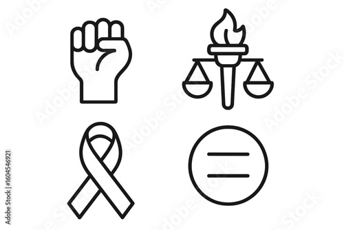 Social justice icons. Outline icon set for advocacy and human rights. Raised fist for protest, justice scale with torch, solidarity ribbon, and equality symbol. Vector.