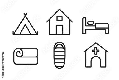Shelter icon set for emergency aid and support. Vector outline icons of a tent, house, bed, blanket, sleeping bag, and building for homeless or refugee concepts.