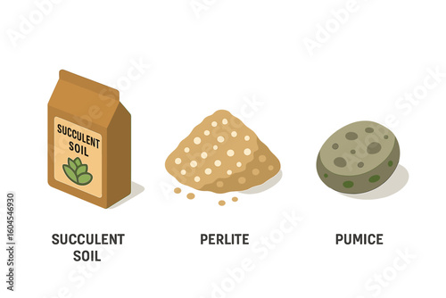Soil and substrate isometric icon set. Succulent soil bag, perlite pile, and pumice stone. Vector illustration for gardening, horticulture, and plant care concepts.