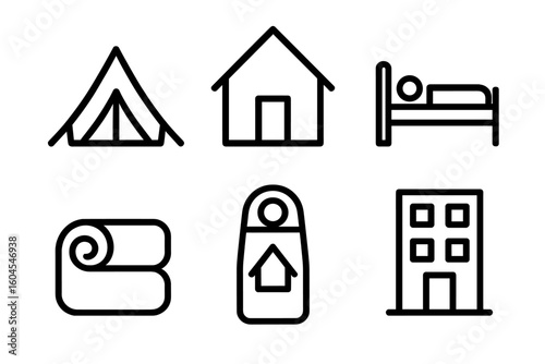 Shelter icon set for emergency relief and support. Outline icons of tent, house, bed, blanket, sleeping bag, building. Vector illustration for web, app design.