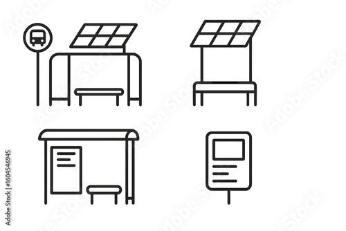 Solar bus stop icons. Outline icon set of solar-powered public transport shelters with panel roofs, benches, and timetable displays. Eco-friendly city infrastructure vector.