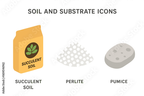 Soil and substrate icon set. Isometric vector of succulent soil bag, perlite, and pumice. Gardening, houseplant potting mix components. Flat design horticultural graphic.