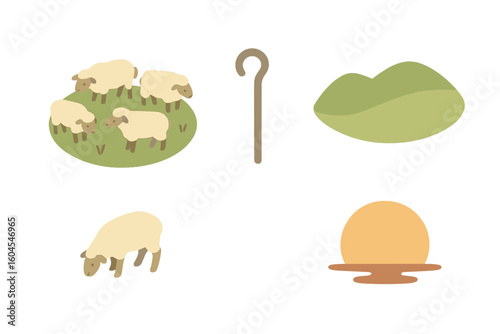 Sheep flock and shepherd icon set. Isometric flat vector. Lambs grazing on hill, pastoral staff, sunset. Concept for agriculture, farming, livestock, biblical story.