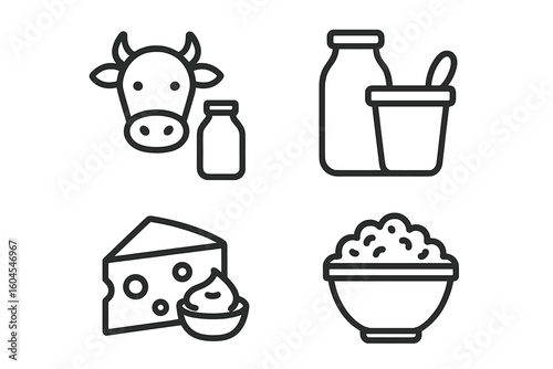 Dairy products outline icon set. Cow, milk bottle, cheese, sour cream, and cottage cheese symbols. Farm fresh food vector graphic collection in linear style.