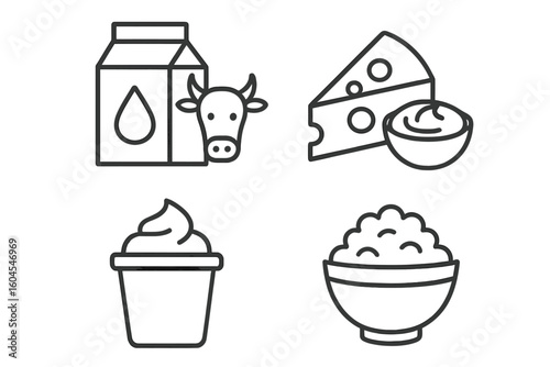 Milk and dairy products outline icon set. Linear style vector symbols for cow milk, cheese, sour cream, and cottage cheese. Fresh farm food and drink illustration.