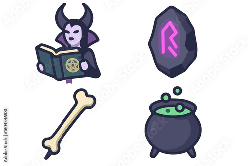 Isometric sorceress icon set. Dark fantasy queen with spellbook, magic grimoire, glowing runestone, bone wand, and witch cauldron. Vector elements for a game.