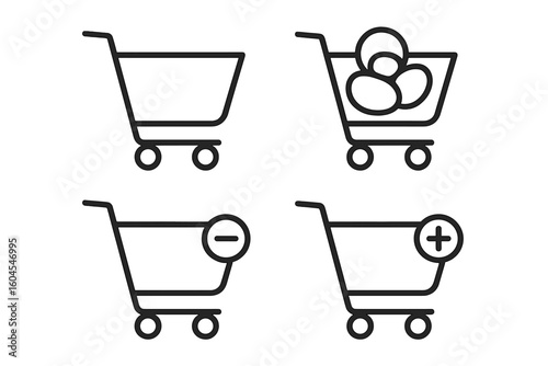 Shopping cart icon set. E-commerce and online shopping symbols. Vector collection of add to cart, remove item, empty and full basket signs for web UI and UX design.