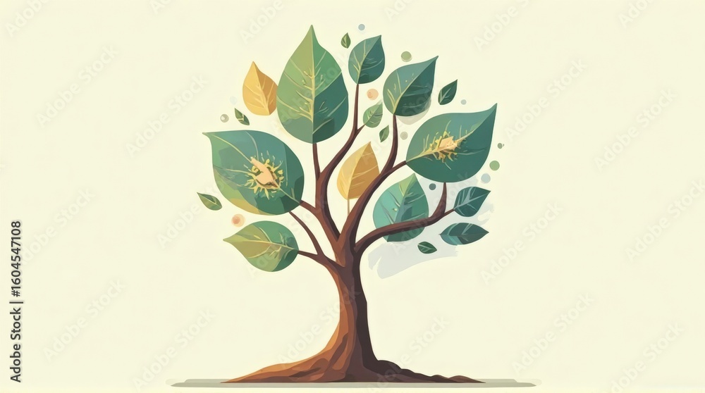 Fototapeta premium Stylized Green and Yellow Leafed Tree Illustration on Light Background