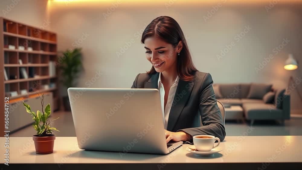 Smiling professional working on a laptop in a modern and cozy office, with a coffee cup beside, soft lighting, and minimalist decor