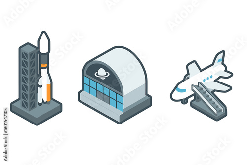 Isometric spaceport icons. Flat design vector set with rocket on launch tower, space travel passenger terminal, and shuttle with boarding ramp. Future transport concept.