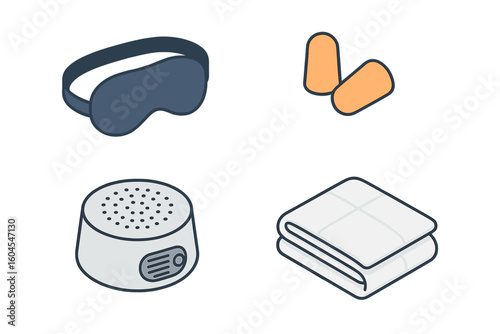 Sleep accessories isometric icon set with eye mask, earplugs, white noise machine, and blanket. Vector illustration for good night, rest, relaxation, and insomnia aid concept.