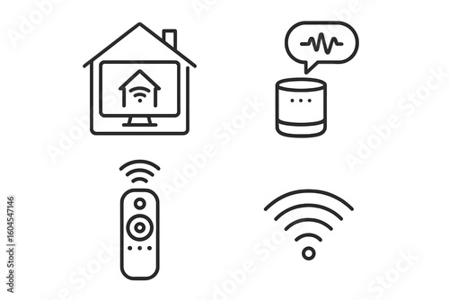 Smart home icons set. Outline vector symbols for home automation. Includes voice assistant speaker, smart TV, remote control, and wi-fi. Internet of Things pictogram.