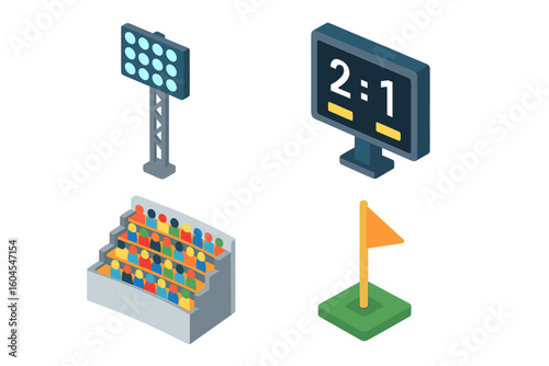 Stadium isometric icon set. Sport infographic elements. Vector collection with digital scoreboard, lights, crowd stands, and field marker. For football or soccer game.