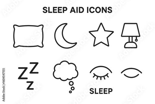Sleep aid icon set. Vector collection of simple outline symbols for night, rest and dreams. Includes pillow, moon, star, lamp, zzz, and eye. Minimalist linear graphic.