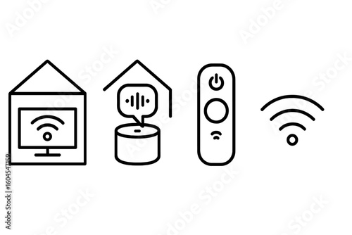 Smart home technology vector icon set. Outline symbols for home automation system, IoT integration, smart TV, voice assistant speaker, remote control, and Wi-Fi connection.