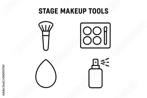 Stage makeup tools outline icon set. Vector collection of cosmetic instruments for theater and performance. Includes powder brush, face paint palette, makeup sponge, setting spray.