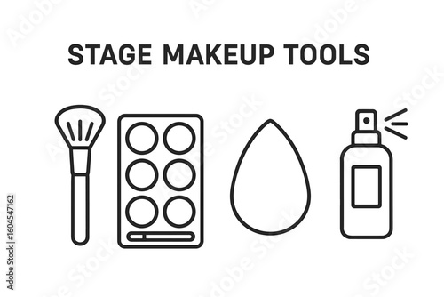 Stage makeup tools outline icon set. Face paint palette, powder brush, sponge, setting spray. Vector graphic for cosmetology, beauty salon, theatrical makeup artist.
