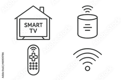 Smart home icons vector set. Outline collection of home automation symbols. Includes smart TV, voice assistant speaker, remote control, and Wi-Fi signal for IoT concepts.