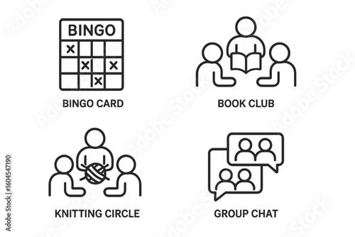 Social activity outline icon set. Community engagement and hobbies concept. Bingo game, book club, knitting circle, and group chat vector symbols. Linear pictogram.