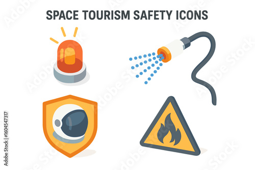 Space tourism safety icons set. Isometric vector illustration collection of emergency measures. Fire warning sign, alert beacon, astronaut helmet shield, suppression system.