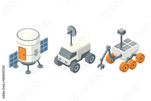 Isometric space colonization icon set with habitat module, lunar rover, and mars rover. Vector illustrations of space exploration technology, vehicles, and research station.