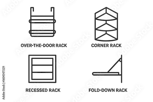 Space saving solution icon set. Vector line icons for home organization, storage furniture. Over-the-door rack, corner shelf, recessed and fold-down rack symbols.