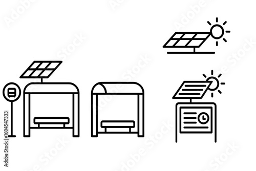 Solar bus stop line icon set. Sustainable public transport concept. Vector icons of green energy, solar panel on shelter roof, timetable display for an eco smart city.
