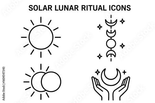 Solar and lunar energy ritual icons. Outline icon set with sun symbol, moon phases chart, solar eclipse, and mystic hands. Vector for astrology, magic, witchcraft.