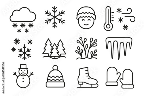 Winter line icon set. Snow, snowflake, cold, frost, icicle, snowman collection. Outline vector symbols for weather, season, christmas. Linear style conceptual pictogram.