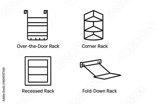 Space-saving icon set. Outline icons for home organization and storage solutions. Over-the-door rack, corner rack, recessed rack, and fold-down rack. Vector illustration.